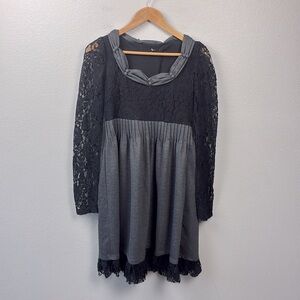 Ryu Mini Babydoll Dress Knit Gray Black Lace Long Sleeve Victorian Whimsigoth M